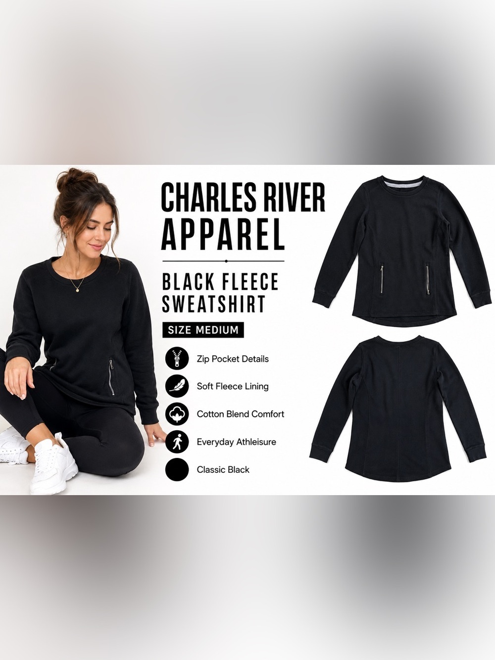 Charles River Apparel Black Fleece Sweatshirt - Classic Crew Size Small